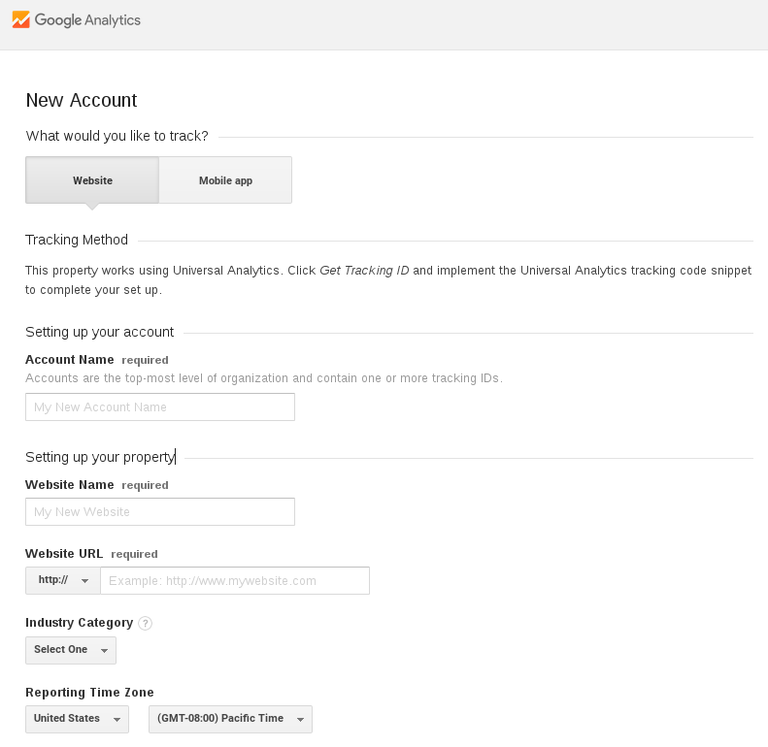 Datos solicitados para la creación de una nueva cuenta en Google Analytics