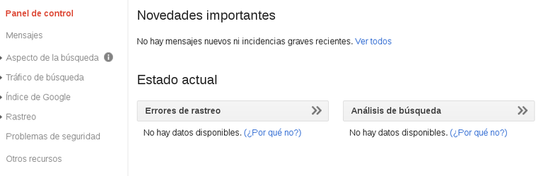 Panel de Control del Search Console de Google Webmaster Tools