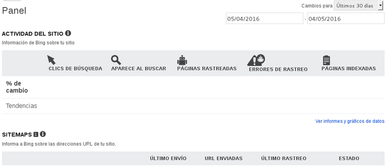 Panel de Control del Admnistrador Web de BING o Webmaster Tools
