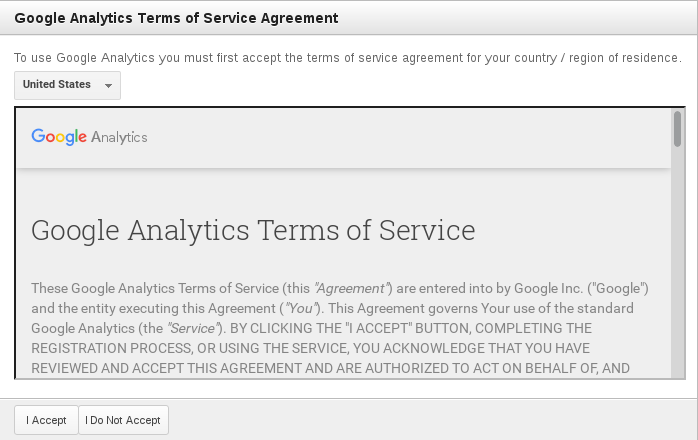 Pantalla con los Términos del Servicio de Google Analytics